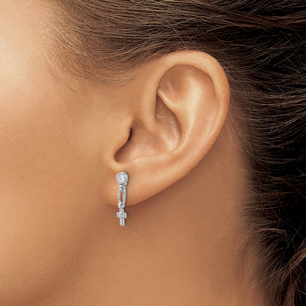 Sterling Silver Rhodium Plated Polished & Textured CZ Cross Post Dangle Earrings