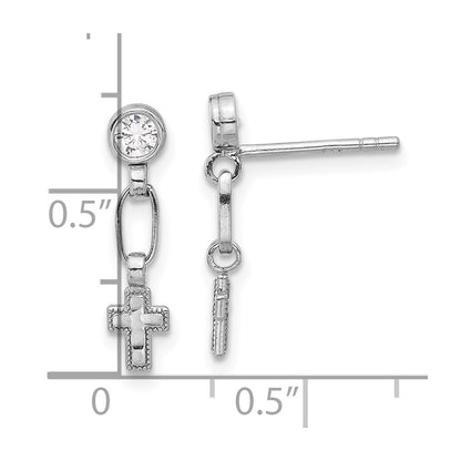 Sterling Silver Rhodium Plated Polished & Textured CZ Cross Post Dangle Earrings