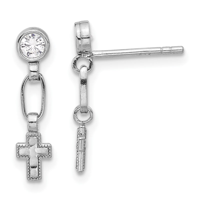 Sterling Silver Rhodium Plated Polished & Textured CZ Cross Post Dangle Earrings