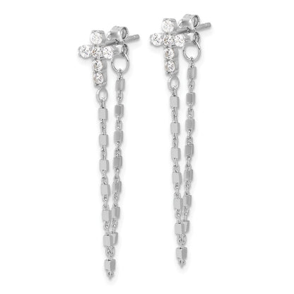 Sterling Silver Rh-Pltd CZ Cross W/chain Front & Back Post Dangle Earrings
