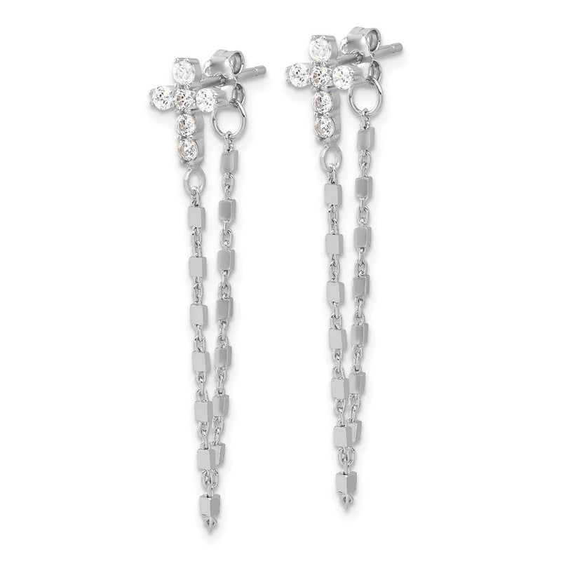 Sterling Silver Rh-Pltd CZ Cross W/chain Front & Back Post Dangle Earrings