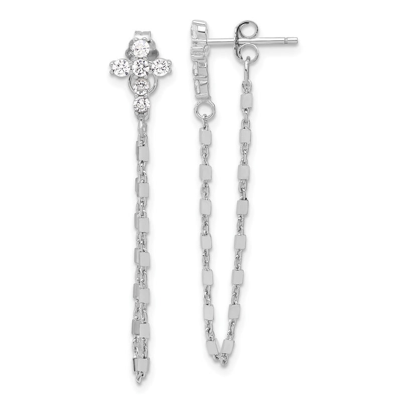 Sterling Silver Rh-Pltd CZ Cross W/chain Front & Back Post Dangle Earrings
