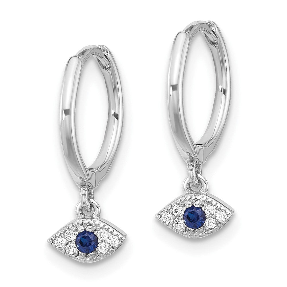 Sterling Silver Rhodium Plated Blue & White CZ Evil Eye Dangle Hoop Earrings