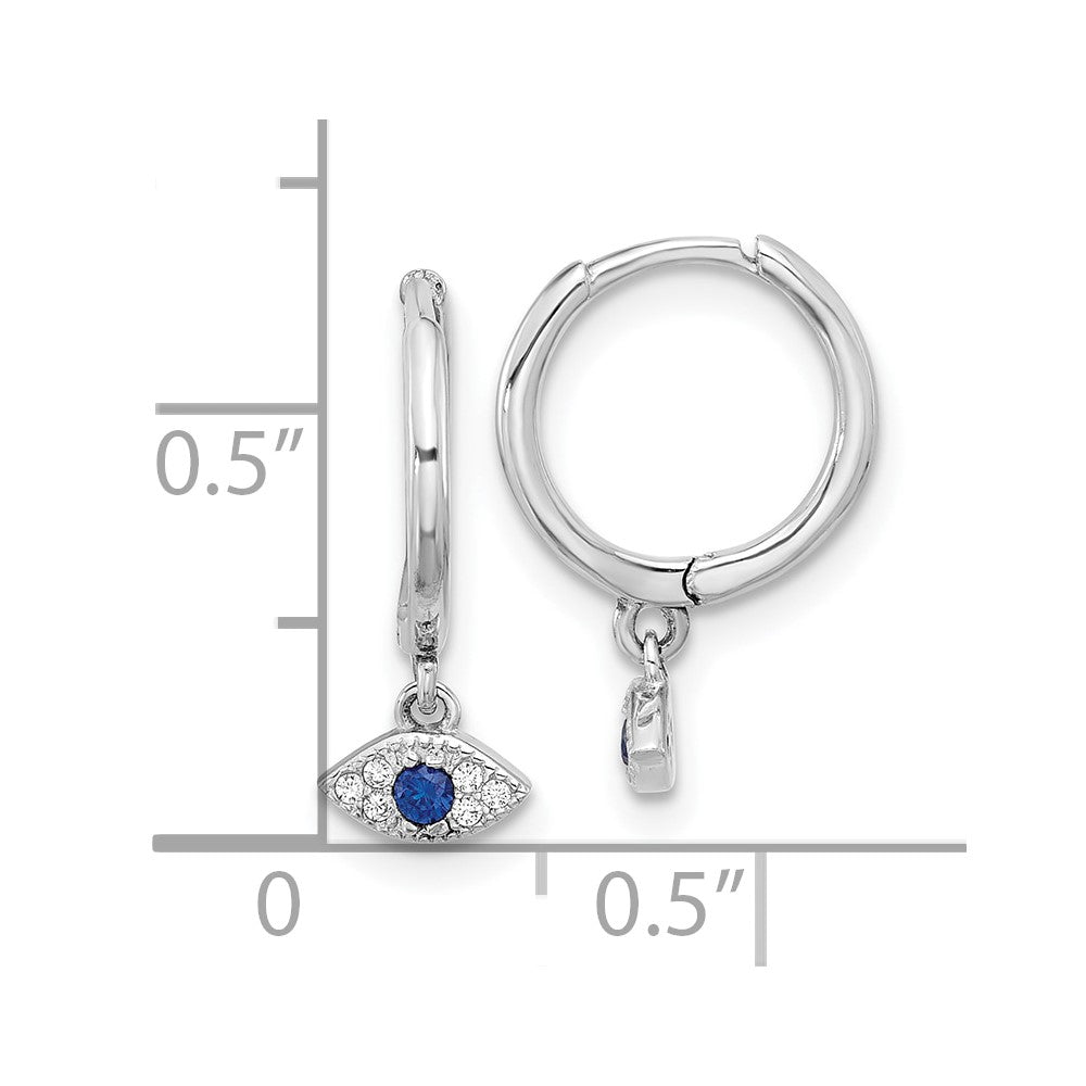 Sterling Silver Rhodium Plated Blue & White CZ Evil Eye Dangle Hoop Earrings