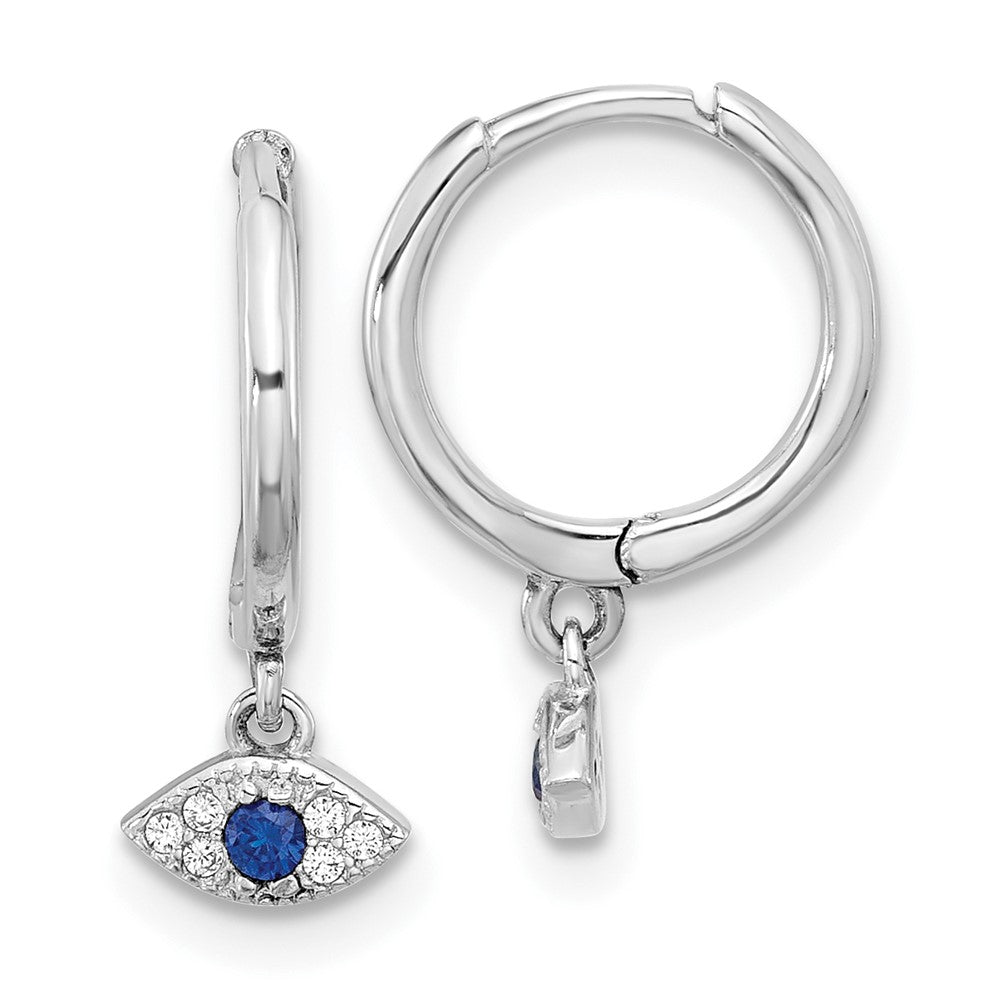 Sterling Silver Rhodium Plated Blue & White CZ Evil Eye Dangle Hoop Earrings