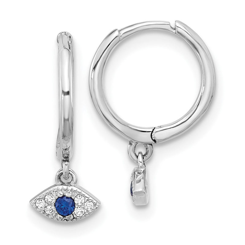 Sterling Silver Rhodium Plated Blue & White CZ Evil Eye Dangle Hoop Earrings