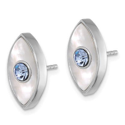 Sterling Silver Rhodium Plated Polished Mop & Blue Crystal Evil Eye Post Earring