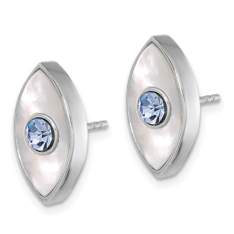 Sterling Silver Rhodium Plated Polished Mop & Blue Crystal Evil Eye Post Earring