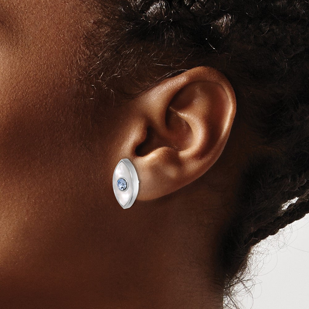 Sterling Silver Rhodium Plated Polished Mop & Blue Crystal Evil Eye Post Earring