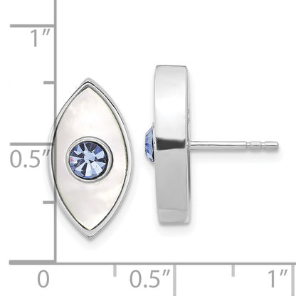 Sterling Silver Rhodium Plated Polished Mop & Blue Crystal Evil Eye Post Earring