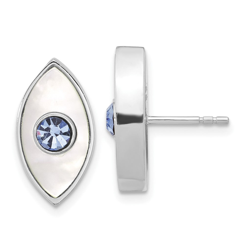 Sterling Silver Rhodium Plated Polished Mop & Blue Crystal Evil Eye Post Earring