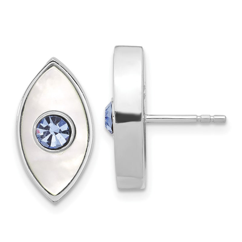 Sterling Silver Rhodium Plated Polished Mop & Blue Crystal Evil Eye Post Earring