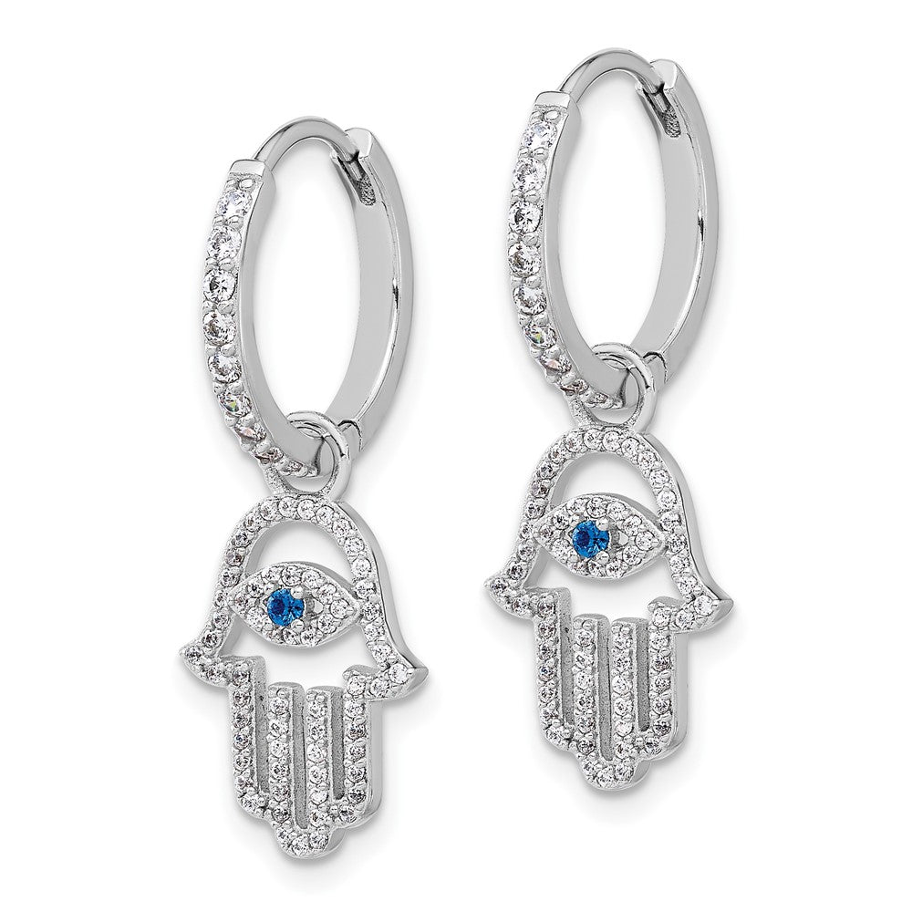 Sterling Silver Rh-Pltd Blue/white CZ Evil Eye Hamsa Dangle Hoop Earrings