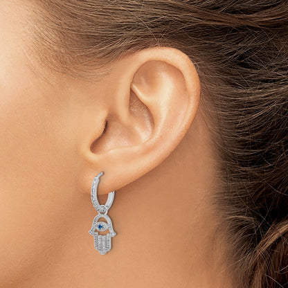 Sterling Silver Rh-Pltd Blue/white CZ Evil Eye Hamsa Dangle Hoop Earrings
