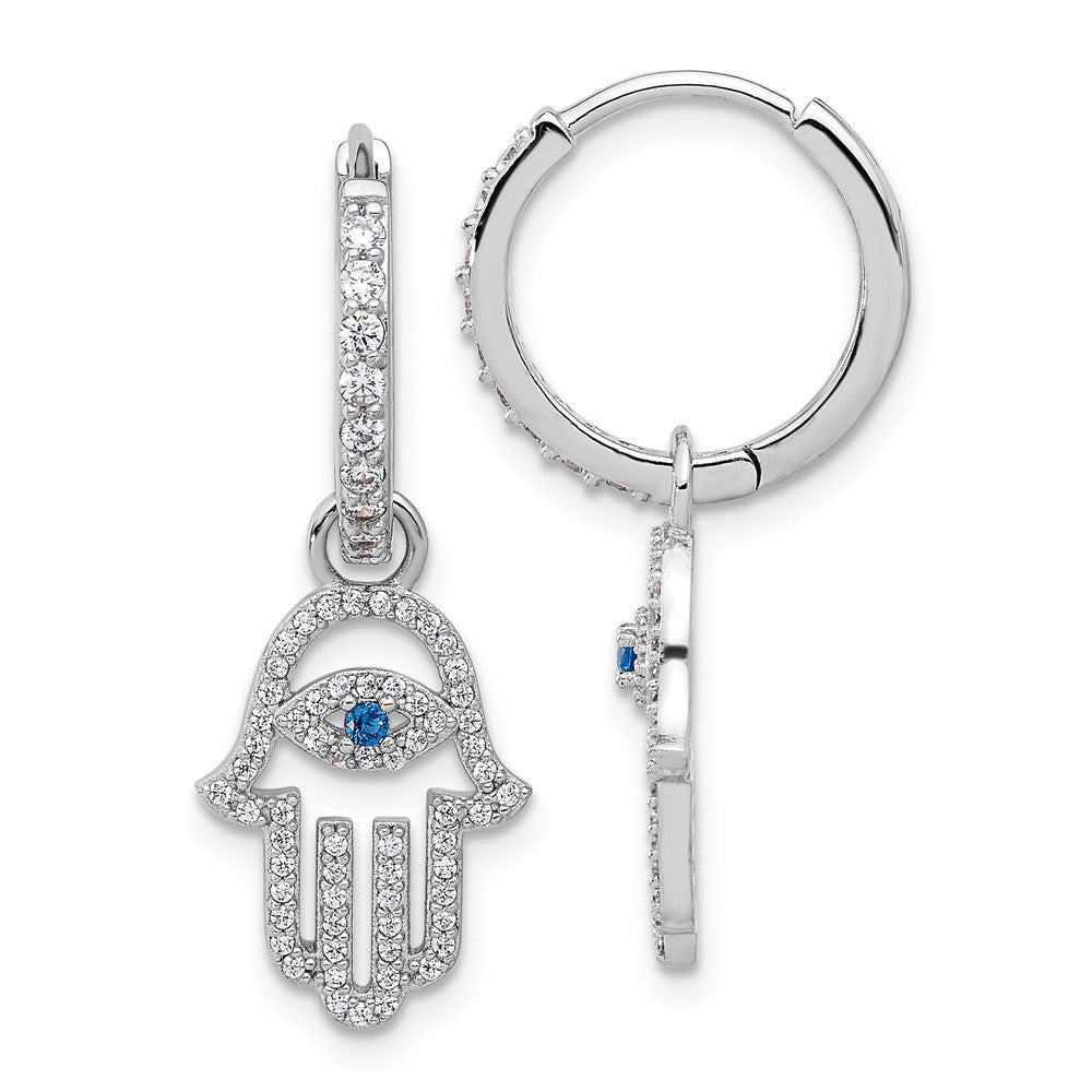 Sterling Silver Rh-Pltd Blue/white CZ Evil Eye Hamsa Dangle Hoop Earrings