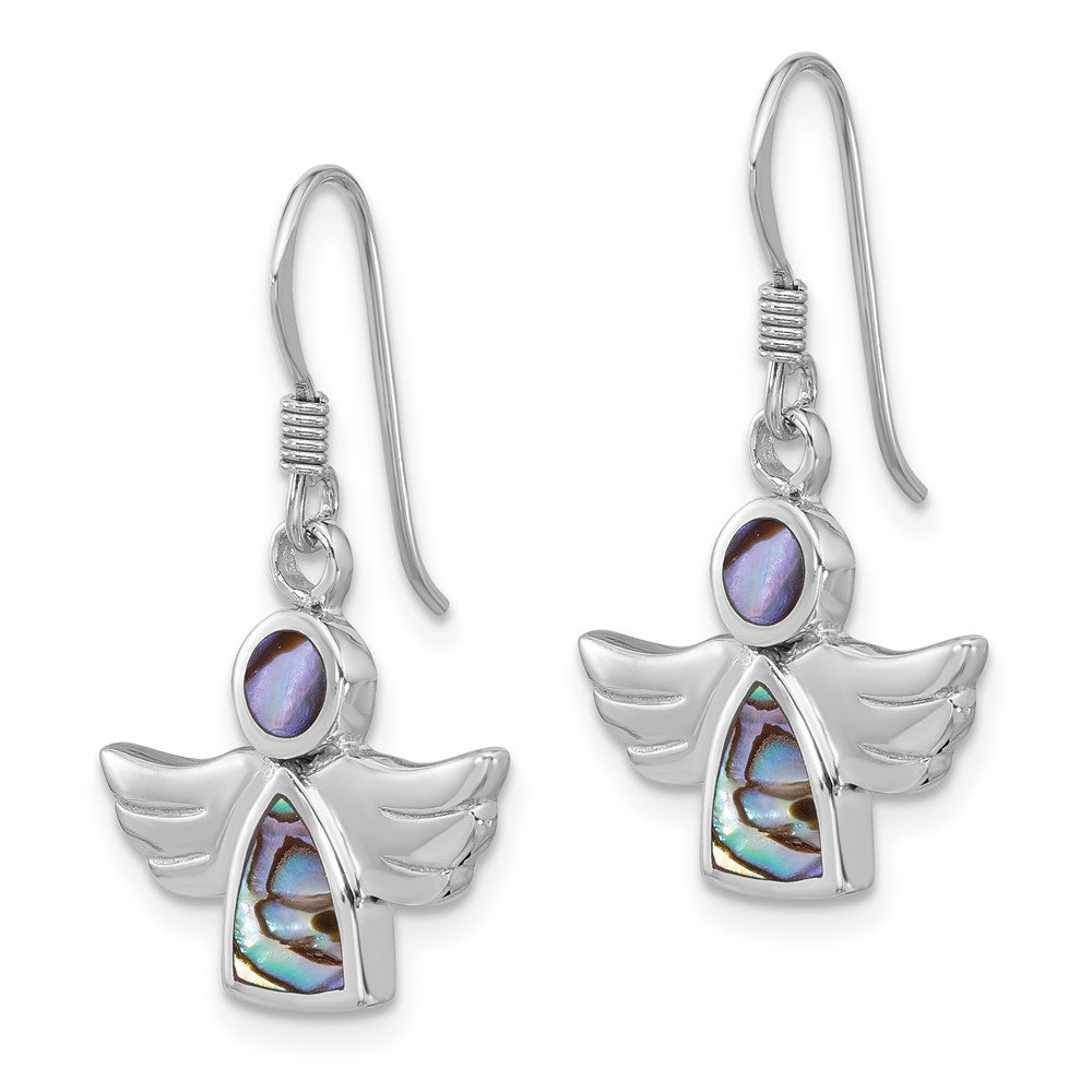 Sterling Silver Rhodium-Plated Polished Abalone Angel Dangle Earrings