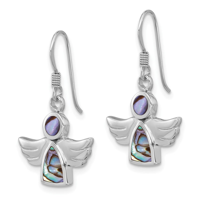 Sterling Silver Rhodium-Plated Polished Abalone Angel Dangle Earrings