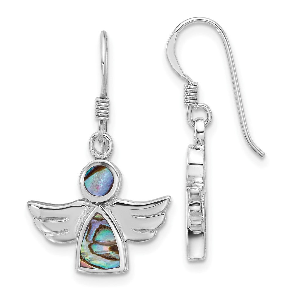 Sterling Silver Rhodium-Plated Polished Abalone Angel Dangle Earrings