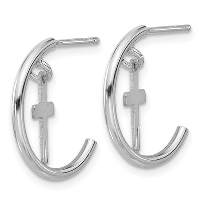Sterling Silver Rhodium-Plated Polished Cross Dangle Post C-Hoop Earrings