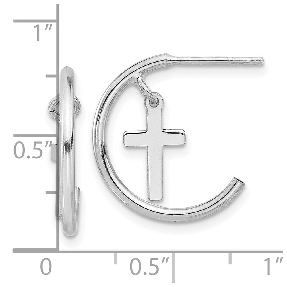 Sterling Silver Rhodium-Plated Polished Cross Dangle Post C-Hoop Earrings