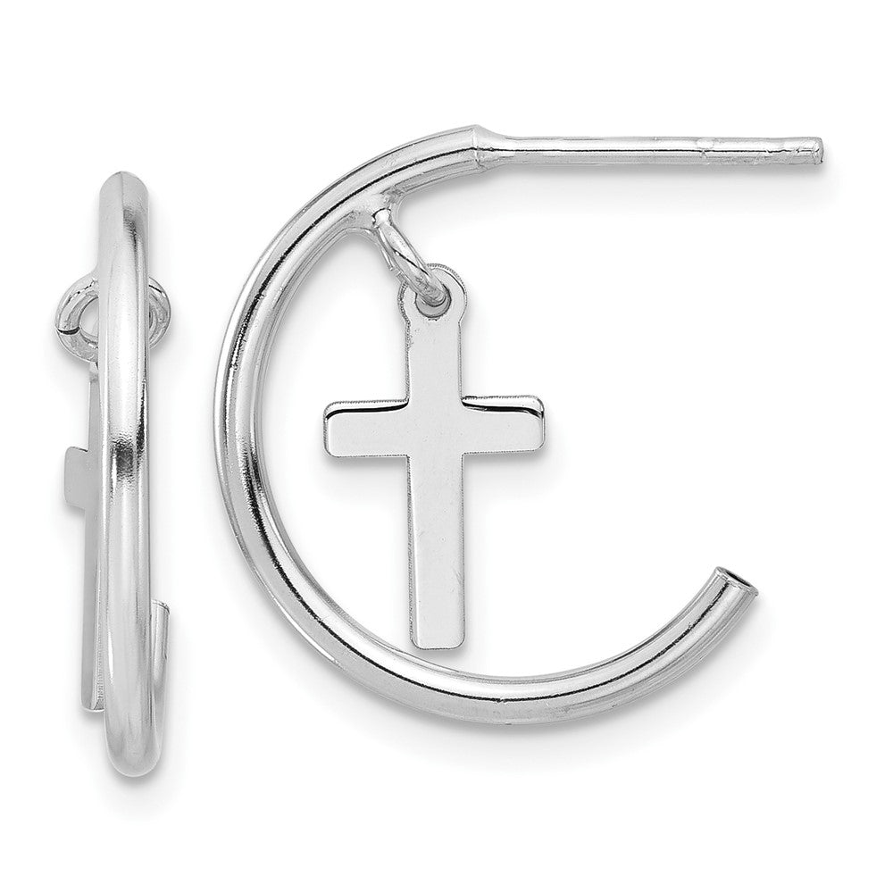 Sterling Silver Rhodium-Plated Polished Cross Dangle Post C-Hoop Earrings