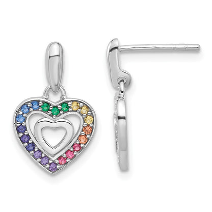 Sterling Silver Rh-Pltd Multicolor Crystal Heart Children's Dangle Earrings