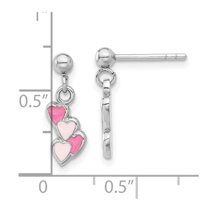 Sterling Silver Rhodium-Plated Pink Enameled Hearts Post Dangle Earrings