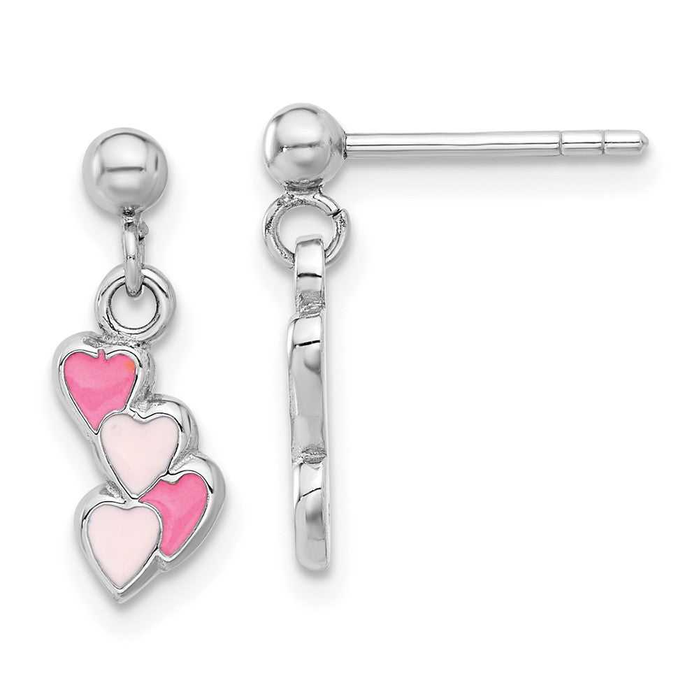 Sterling Silver Rhodium-Plated Pink Enameled Hearts Post Dangle Earrings