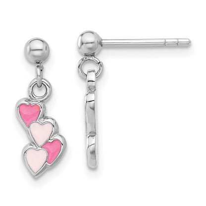 Sterling Silver Rhodium-Plated Pink Enameled Hearts Post Dangle Earrings