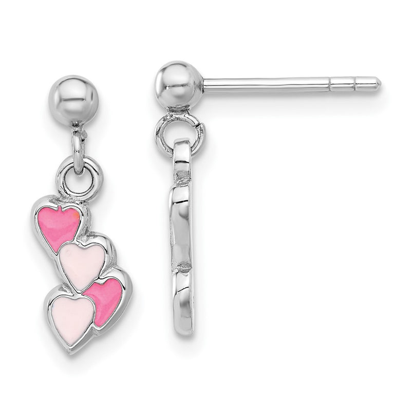 Sterling Silver Rhodium-Plated Pink Enameled Hearts Post Dangle Earrings