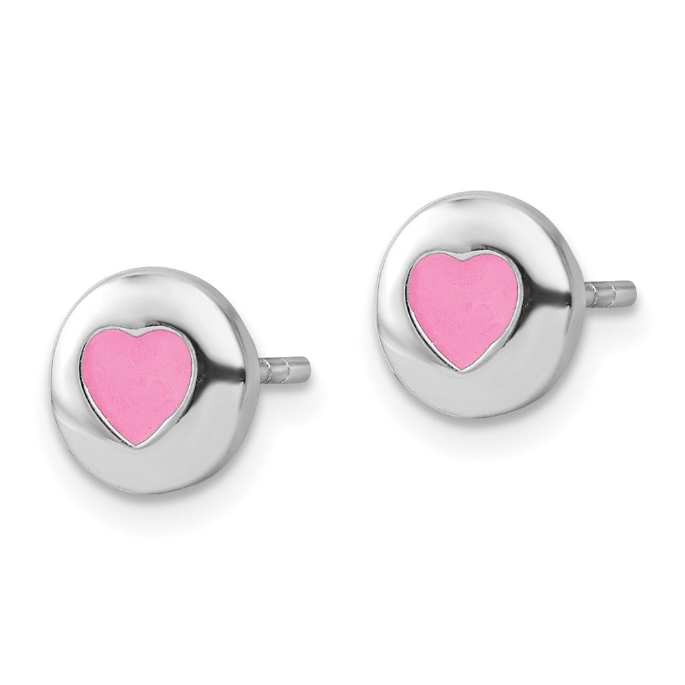 Sterling Silver Rhodium-Plated Pink Enameled Heart Circle Post Earrings