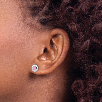Sterling Silver Rhodium-Plated Pink Enameled Heart Circle Post Earrings