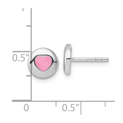 Sterling Silver Rhodium-Plated Pink Enameled Heart Circle Post Earrings
