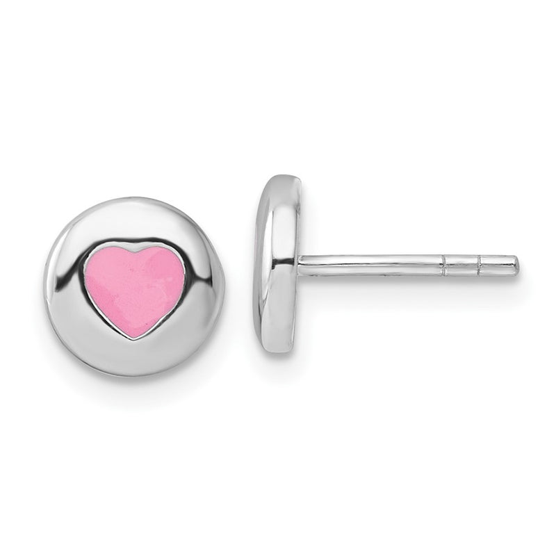 Sterling Silver Rhodium-Plated Pink Enameled Heart Circle Post Earrings