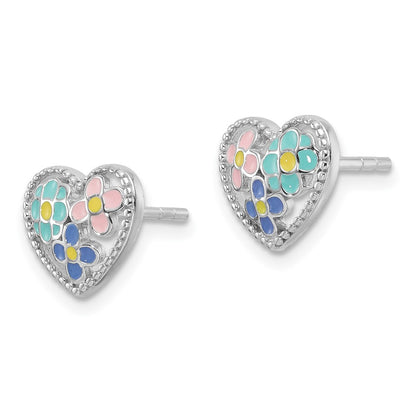 Sterling Silver Rhodium Plated Multi-Color Enameled Floral Heart Post Earrings