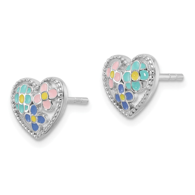 Sterling Silver Rhodium Plated Multi-Color Enameled Floral Heart Post Earrings