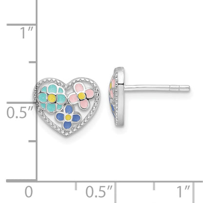 Sterling Silver Rhodium Plated Multi-Color Enameled Floral Heart Post Earrings