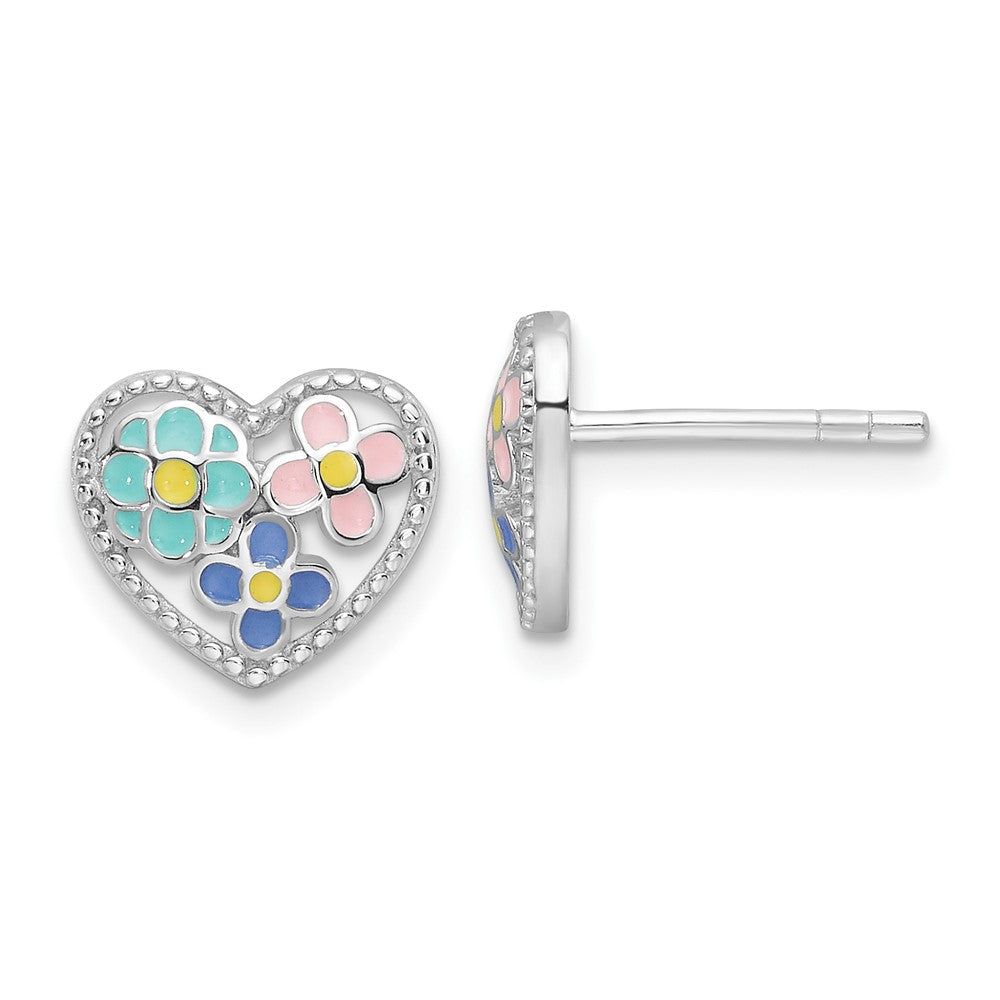 Sterling Silver Rhodium Plated Multi-Color Enameled Floral Heart Post Earrings