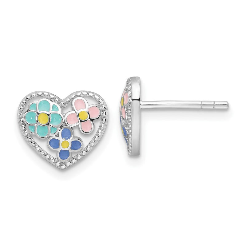 Sterling Silver Rhodium Plated Multi-Color Enameled Floral Heart Post Earrings