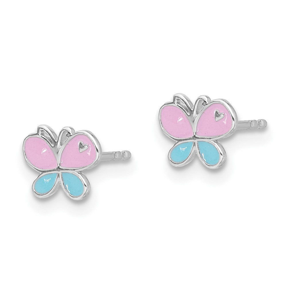 Sterling Silver Rh-Pltd Blue/pink Enamel Butterfly Children's Post Earrings