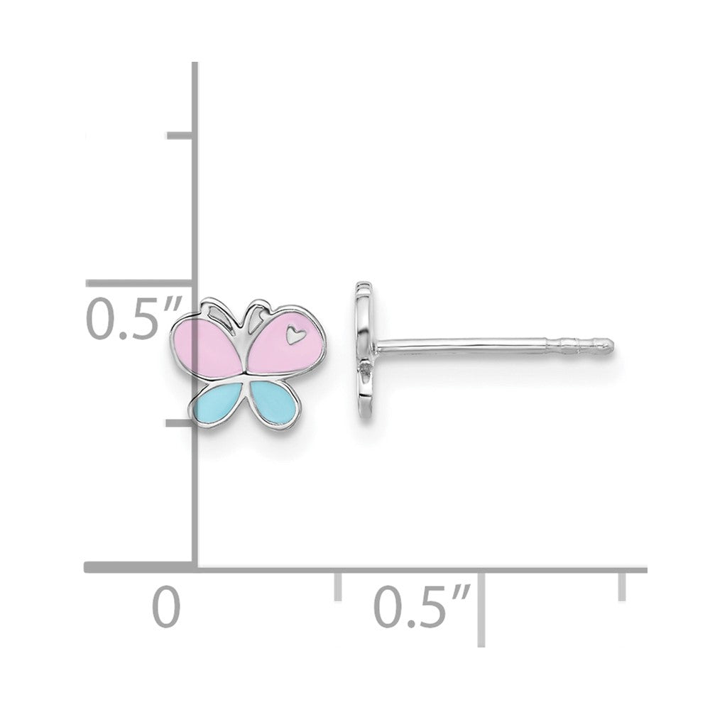 Sterling Silver Rh-Pltd Blue/pink Enamel Butterfly Children's Post Earrings