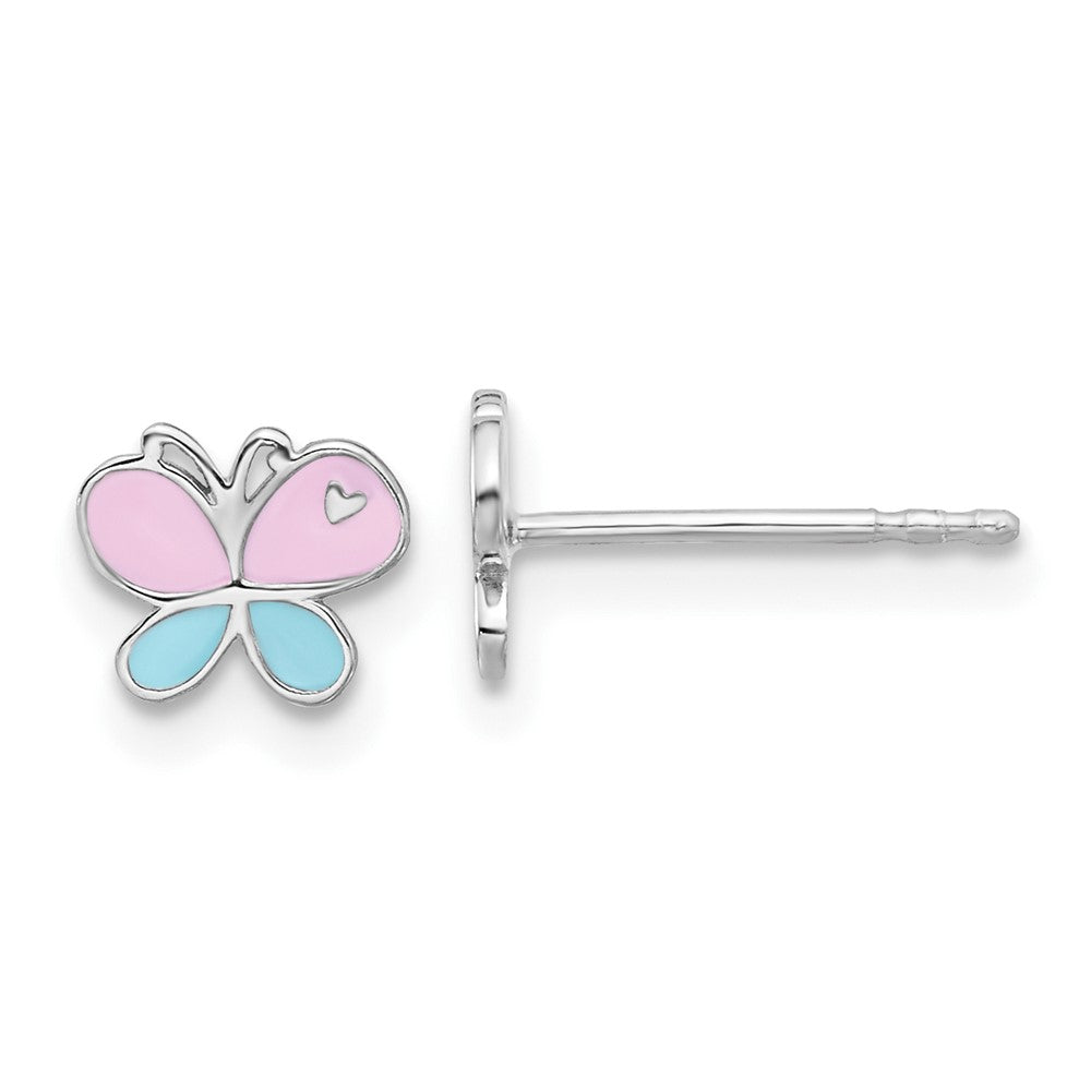 Sterling Silver Rh-Pltd Blue/pink Enamel Butterfly Children's Post Earrings