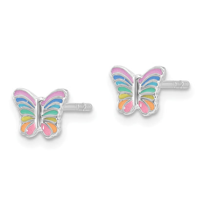 Sterling Silver Rhodium Plated Rainbow Enamel Butterfly Children's Post Earrings