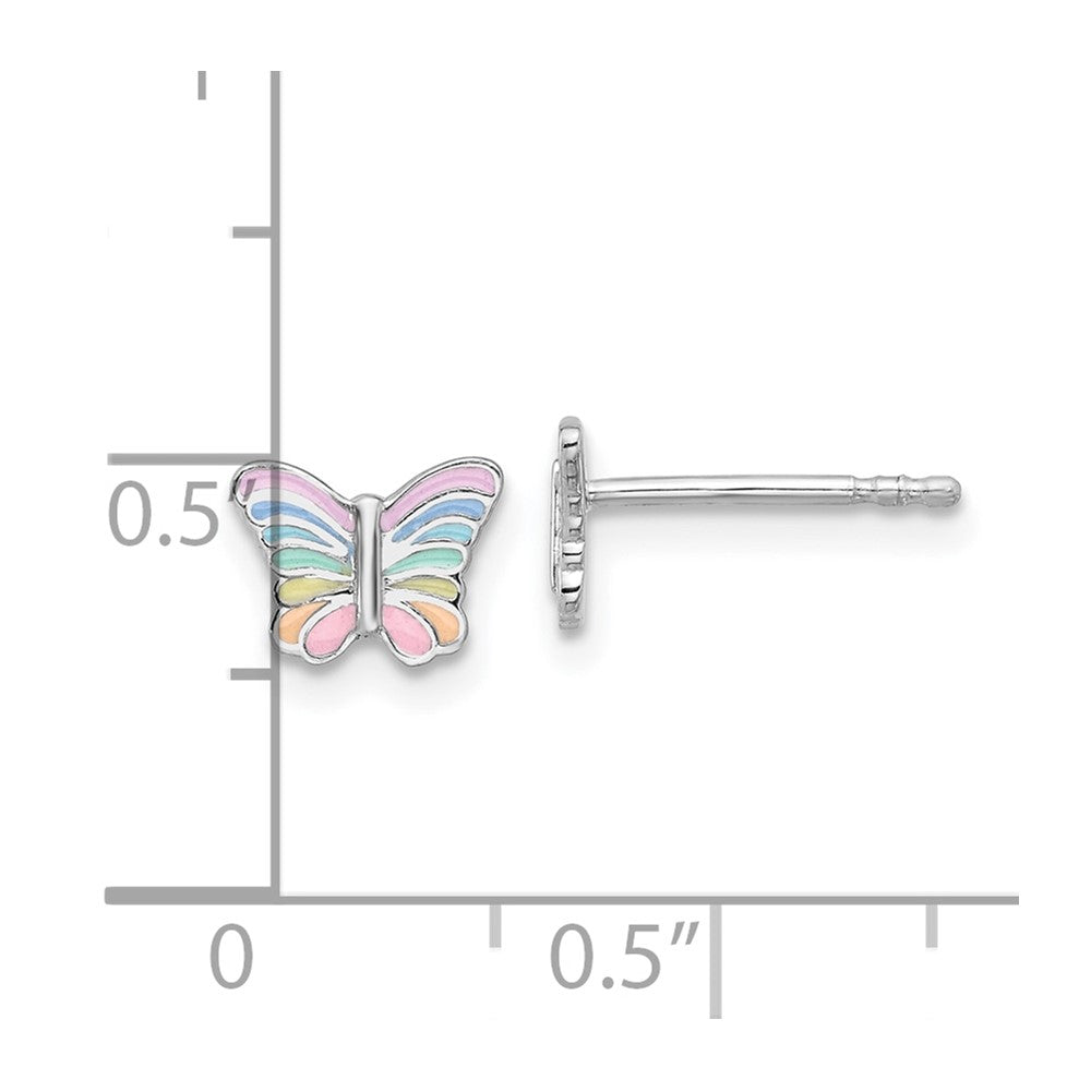 Sterling Silver Rhodium Plated Rainbow Enamel Butterfly Children's Post Earrings