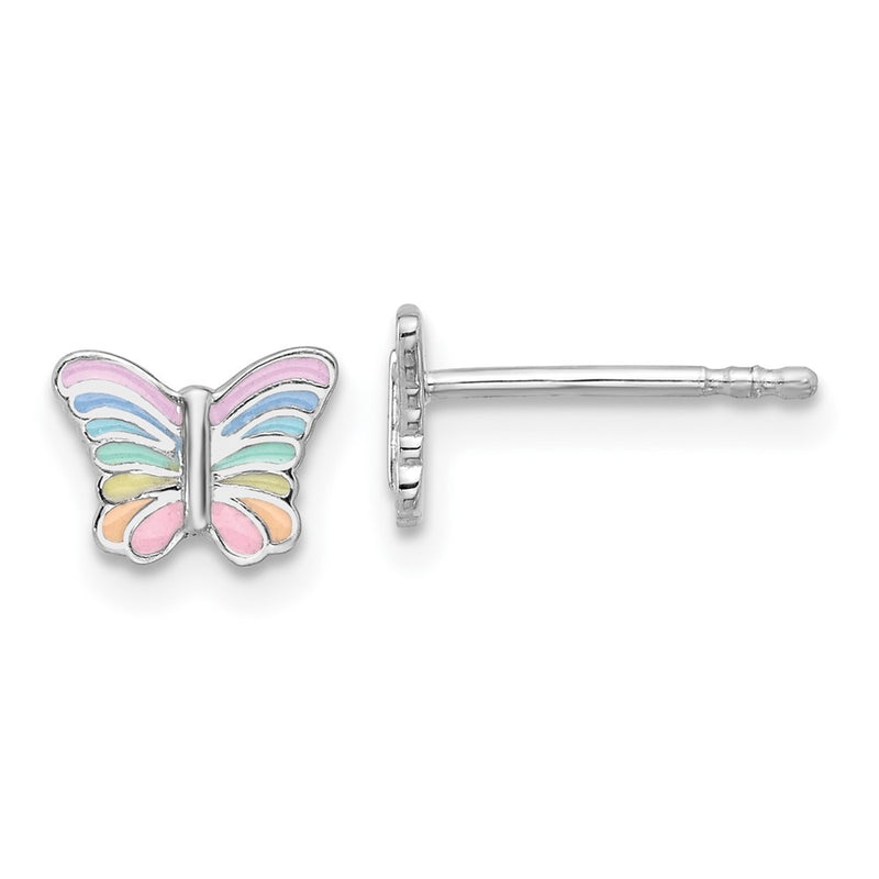 Sterling Silver Rhodium Plated Rainbow Enamel Butterfly Children's Post Earrings