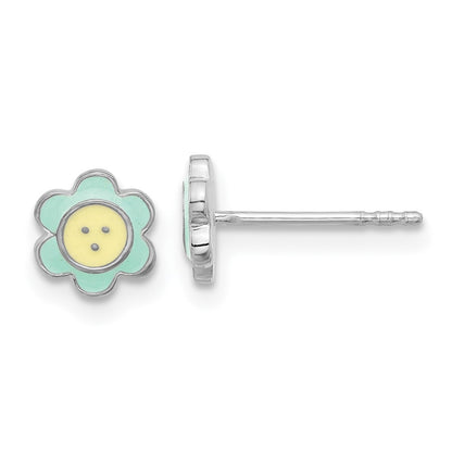 Sterling Silver Rhodium-Plated Enamel Flower Children's Post Earrings