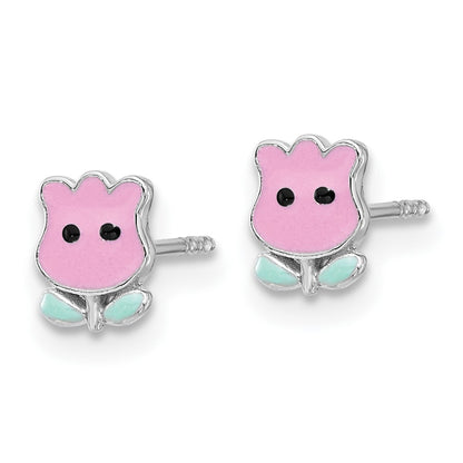 Sterling Silver Rhodium-Plated Enameled Tulip Children's Post Earrings