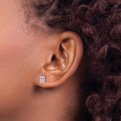 Sterling Silver Rhodium-Plated Enameled Tulip Children's Post Earrings