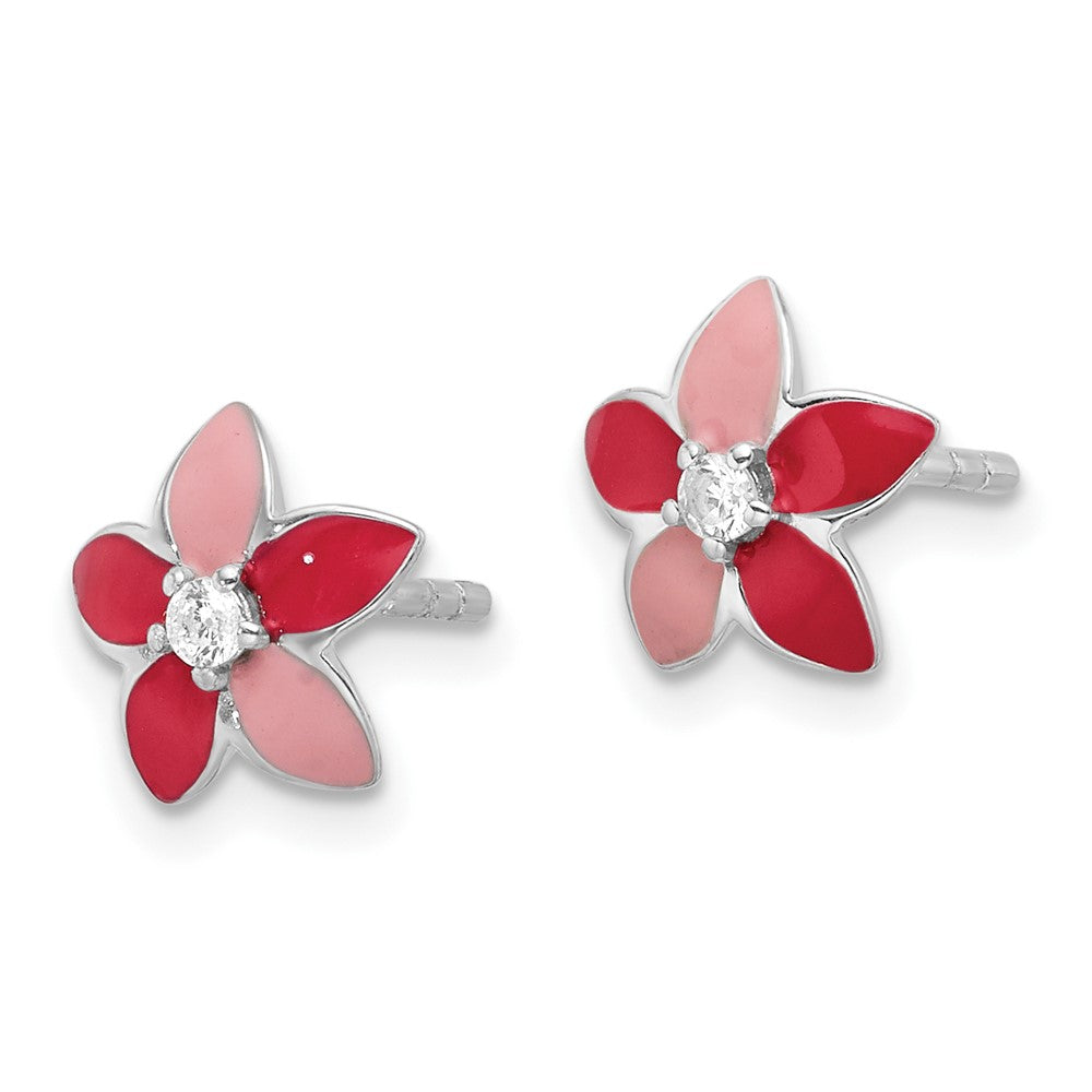 Sterling Silver Rhodium Plated Pink Enamel & CZ Flower Children's Post Earrings