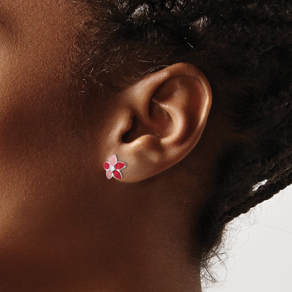 Sterling Silver Rhodium Plated Pink Enamel & CZ Flower Children's Post Earrings